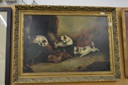 Follower of George Armfield, The Rat Catchers, an amusing oil on canvas depicting terriers chasing