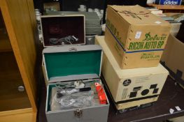 Cine projector, numerous reels of film etc.