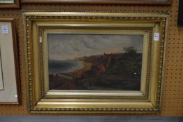 Coastal landscape with a figure on a bridge, buildings beyond, oil on canvas, in a decorative gilt