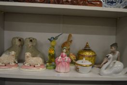 Decorative china to include a pair of Staffordshire spaniels, a Copenhagen swan, Doulton figurine