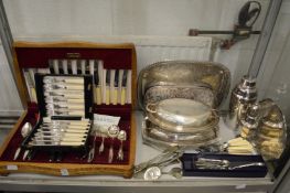 Part canteen of cutlery, case set of fish knives and forks and other plated wares.