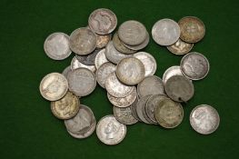 A bag of forty silver three penny pieces, mostly Victorian.