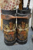 A double leather shot bucket with armorial decoration.