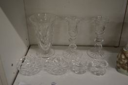 A pair of glass candlesticks etc
