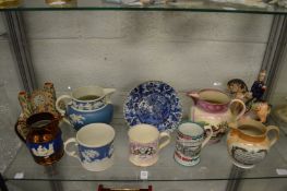 Lusterware tankards and mugs, Staffordshire figures etc.