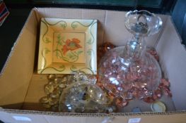 Two glass chandeliers, pottery dish and a pewter charger.