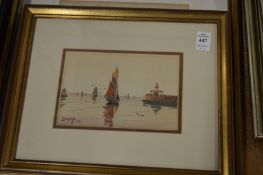 A pair of watercolours of sailing boats together with another watercolour depicting children in an