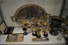 Various plated items to include a large twin handled tray, wine cooler etc.