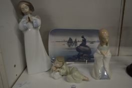 Three Lladro figures and a small Copenhagen dish.