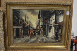 R J Mitchell, Street scene outside the Red Lion Pub with coach and horses, oil on canvas, signed.