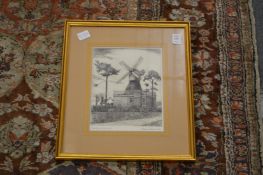 Wimbledon Windmill, engraving together with a watercolour of a coastal landscape and a pair of