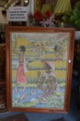 Balinese farmers, oil on canvas, in a carved wood frame.