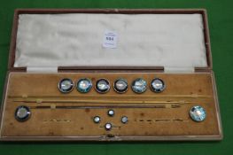 An unusual set of studs/hat pins with mother of pearl and abalone shell inlay.