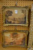 A pair of early watercolours depicting river landscapes with figures in decorative gilt frames.