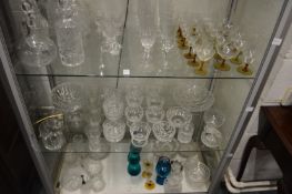 A large quantity of glass decanters, bowls, drinking glasses etc.