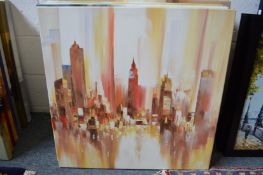 Colourful abstract and landscape scenes, oil on canvas, unframed, a set of eight.