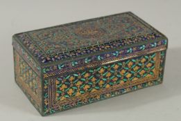 A VERY FINE AND RARE 19TH CENTURY THAI ENAMELLED AND GILDED METAL BOX, with hinged lid and decorated