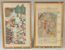 A PAIR OF PERSIAN QAJAR MINIATURE PAINTINGS, one depicting a battle scene, the other with various