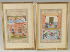 A PAIR OF PERSIAN QAJAR MINIATURE PAINTINGS, depicting scenes with various figures and panels of