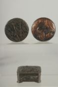 THREE SMALL METAL BOXES; including a good Japanese copper box with relief decoration, (3).