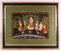 A LARGE FRAMED ISLAMIC / INDIAN PAINTING ON TEXTILE, depicting a blue skin god mid parade or