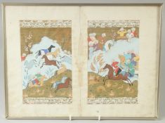 A PERSIAN ILLUMINATED DOUBLE-PAGE MANUSCRIPT, the two panels depicting hunting scenes with figures