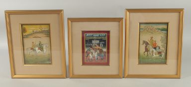 THREE MINIATURE PAINTINGS, framed and glazed, two images 15.5cm x 10.5cm, and smaller image 13cm x