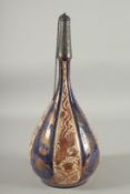 A 19TH CENTURY HISPANO MORESQUE COPPER LUSTRE AND BLUE GLAZE BOTTLE, with embossed silver mounted