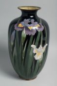 A LARGE JAPANESE BLACK GROUND CLOISONNE VASE, with floral decoration, 30cm high.
