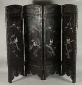 A CHINESE ABALONE INLAID LACQUERED WOOD FOLDING FOUR-PANEL SCREEN, each panel 89.5cm x 27cm.