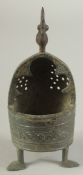 A FINE 13TH CENTURY PERSIAN SELJUK KHURASAN BRONZE INCENSE BURNER, with a bird finial and raised