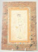 A PERSIAN MINIATURE PAINTING of a standing figure holding a cup and bottle, with faint gilt
