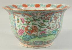 A CHINESE FAMILLE ROSE PORCELAIN JARDINIERE, painted with colourful panels of exotic birds,