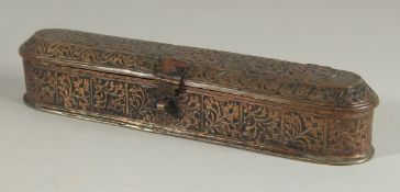AN INDIAN ENRAVED COPPER PEN BOX, 29cm long.