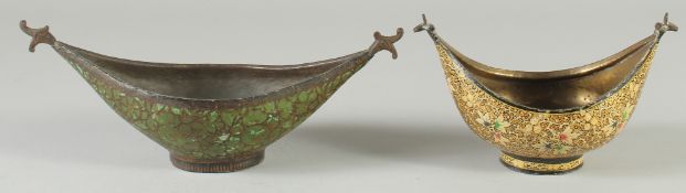 TWO INDIAN KASHMIRI LACQUERED PAPIER MACHE KASHKUL BOWLS, 26cm long, 17.5cm long, (2).
