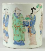 A CHINESE FAMILLE VERTE PORCELAIN BRUSH POT, painted with figures, 13cm high.