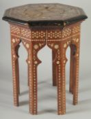 A 19TH CENTURY MOORISH POSSIBLY SPANISH (ALLA CERTOSINA TYPE) BONE INLAID TABLE, 48cm high.
