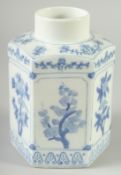 A CHINESE BLUE AND WHITE PORCELAIN HEXAGONAL JAR, with panels of birds and flora, 18.5cm high.