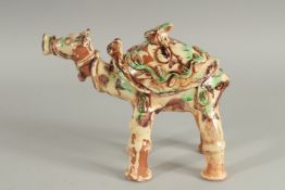 A TURKISH CANAKKALE GLAZED POTTERY CAMEL FIGURE, 22cm long.