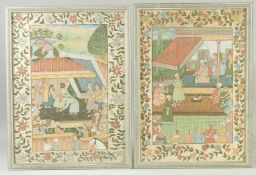A LARGE PAIR OF PERSIAN PAINTINGS, depicting scenes of figures with foliate border, framed and