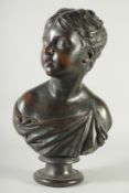 A LATE 19TH CENTURY ELACTAFORM BRONZE BUST OF A YOUTH, drapes around their shoulders, on a soccle