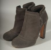 A PAIR OF CHANEL GREY SUEDE ANKLE BOOTS with glitter. Heal: 4ins high, size 37C.