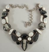 A STERLING SILVER ONYX, MOONSTONE, PEARL AND AGATE NECKLACE.