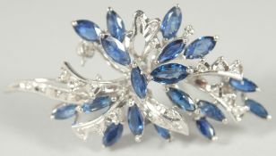 A GOOD 18K WHITE GOLD SAPPHIRE AND DIAMOND SPRAY BROOCH.