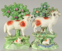 A PAIR OF STAFFORDSHIRE BOCAGE GROUP OF SHEEP AND LAMBS with Bocage backs. 6ins high.