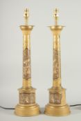 A PAIR OF CHINESE DESIGN COLUMN LAMPS. 23ins high.