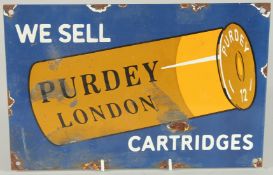 A RECTANGULAR ENAMEL SIGN 'PURDY LONDON, CARTRIDGES' 8in s x 12ins.