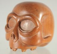 A WOODEN SKULL NETSUKE.