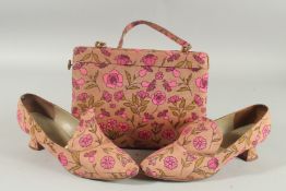 A RAYNE FLORAL FABRIC HAND BAG AND MATCHING SHOES. Size 36.