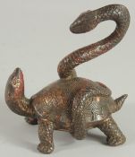 A CHINESE TORTOISE AND SNAKE BRONZE FIGURE with traces of gilt and red paint.